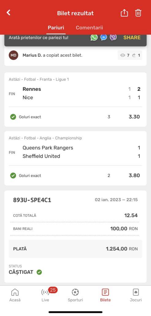 Superpariu câștigător al Revistei Sport Magazin în superoferta Live