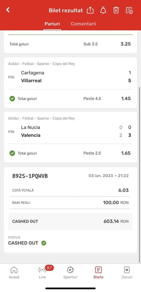 Bilet câștigător al Revistei Sport Magazin în superoferta live, după regula “cash-out”