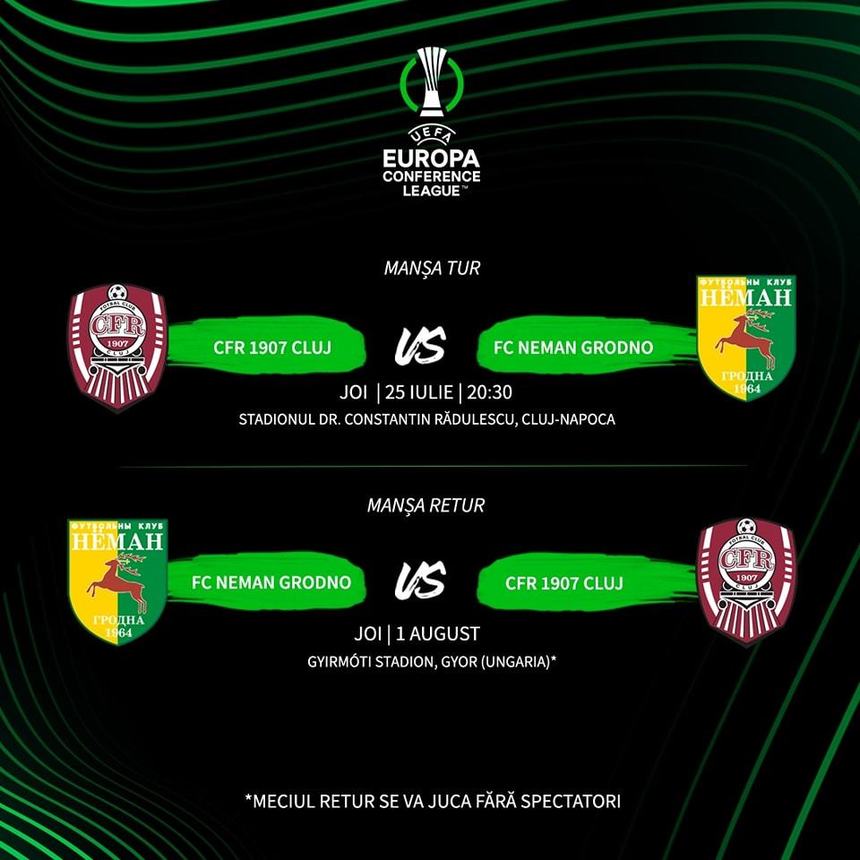 CFR Cluj va juca în Ungaria meciul retur cu Neman Grodno din turul doi preliminar al Conference League