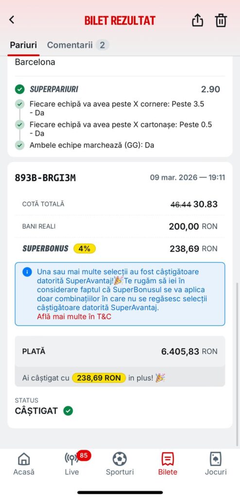 Bilet câștigător la secțiunea “SuperPariuri” pentru Sport Magazin